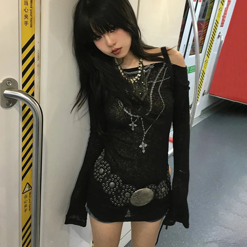 Japanese Y2K Knitted Tops Grunge Tattoo Print Long Sleeve T-Shirt Ribbed Vintage Harajuku Shirring Knitwear 2000S Gothic