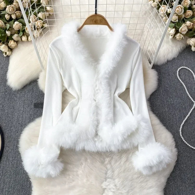Autumn Winter V-Neck Fluffy Patchwork Jackets Y2K Grunge Slim Fit Tops Mujer Vintage Fashion Long Sleeve Cardigan Coat Women