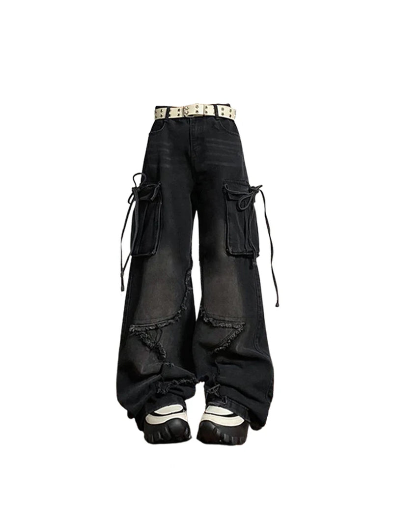 Women'S Black Gothic Baggy Cargo Jeans with Star Harajuku Y2K 90S Aesthetic Denim Trousers Emo 2000S Jean Pants Vintage Clothes
