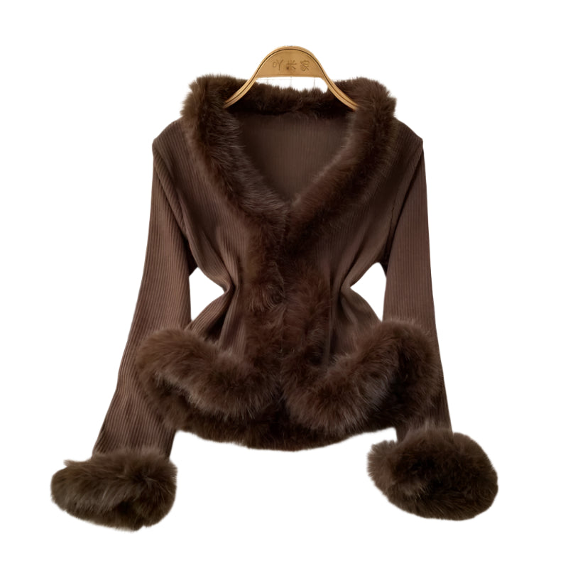 Autumn Winter V-Neck Fluffy Patchwork Jackets Y2K Grunge Slim Fit Tops Mujer Vintage Fashion Long Sleeve Cardigan Coat Women
