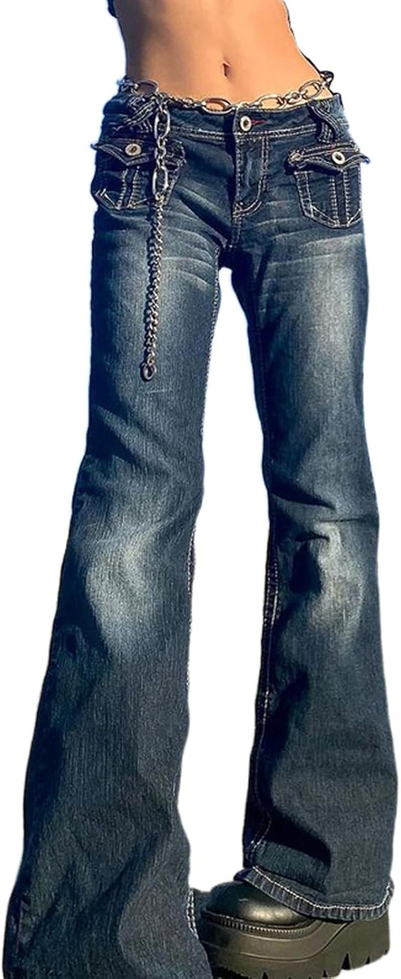 Gothic Cargo Jeans for Women Wide Straight Leg Punk Grunge Baggy Pants Goth Aesthetic Trousers Y2K Streetwear with Pockets X-Small