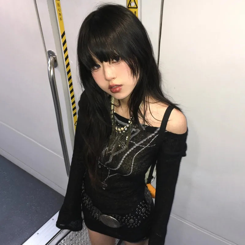 Japanese Y2K Knitted Tops Grunge Tattoo Print Long Sleeve T-Shirt Ribbed Vintage Harajuku Shirring Knitwear 2000S Gothic