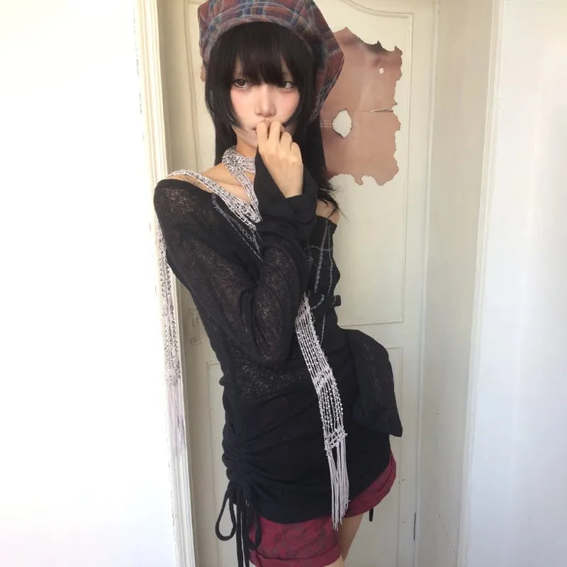 Japanese Y2K Knitted Tops Grunge Tattoo Print Long Sleeve T-Shirt Ribbed Vintage Harajuku Shirring Knitwear 2000S Gothic