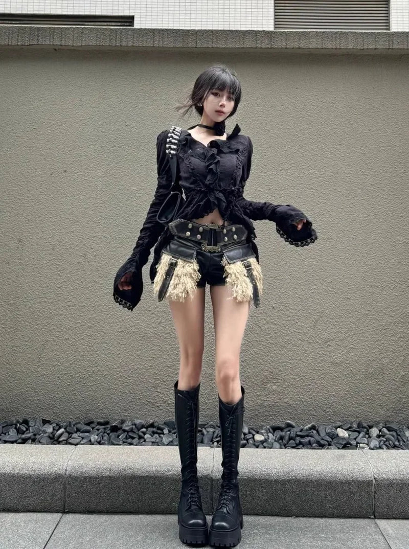 Vintage V-Neck Black Shirts Women Spring Autumn New Slim Waist Ruffles Blouses Y2K Grunge Long Sleeve Blusas Mujer