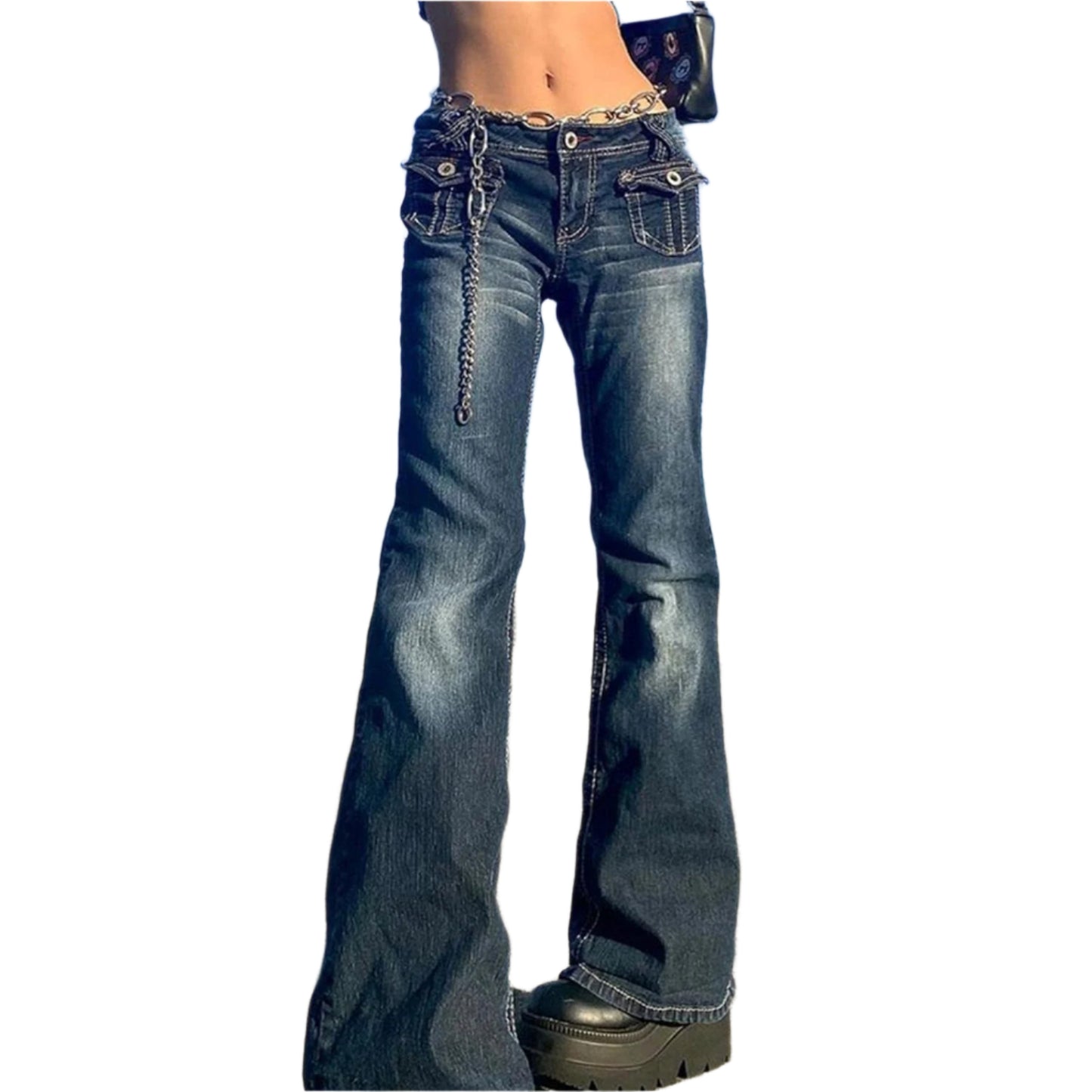 Gothic Cargo Jeans for Women Wide Straight Leg Punk Grunge Baggy Pants Goth Aesthetic Trousers Y2K Streetwear with Pockets X-Small