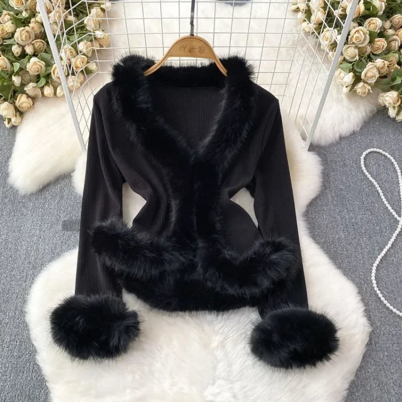 Autumn Winter V-Neck Fluffy Patchwork Jackets Y2K Grunge Slim Fit Tops Mujer Vintage Fashion Long Sleeve Cardigan Coat Women