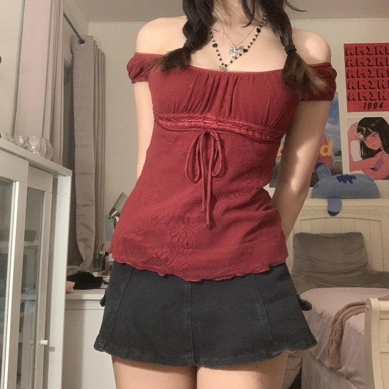 Summer Square Collar Short Sleeve Pullovers Crop Top Y2K Grunge Retro Clothes 2025 New