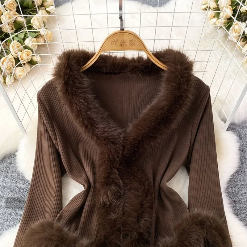Autumn Winter V-Neck Fluffy Patchwork Jackets Y2K Grunge Slim Fit Tops Mujer Vintage Fashion Long Sleeve Cardigan Coat Women