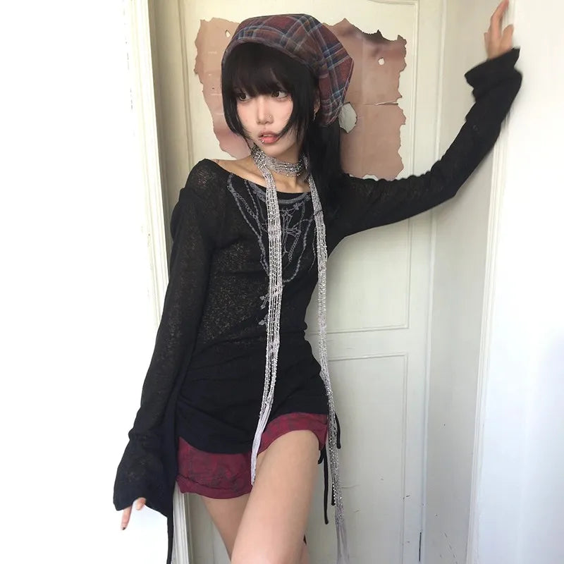 Japanese Y2K Knitted Tops Grunge Tattoo Print Long Sleeve T-Shirt Ribbed Vintage Harajuku Shirring Knitwear 2000S Gothic