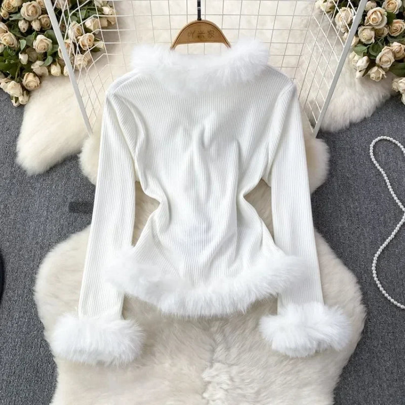 Autumn Winter V-Neck Fluffy Patchwork Jackets Y2K Grunge Slim Fit Tops Mujer Vintage Fashion Long Sleeve Cardigan Coat Women