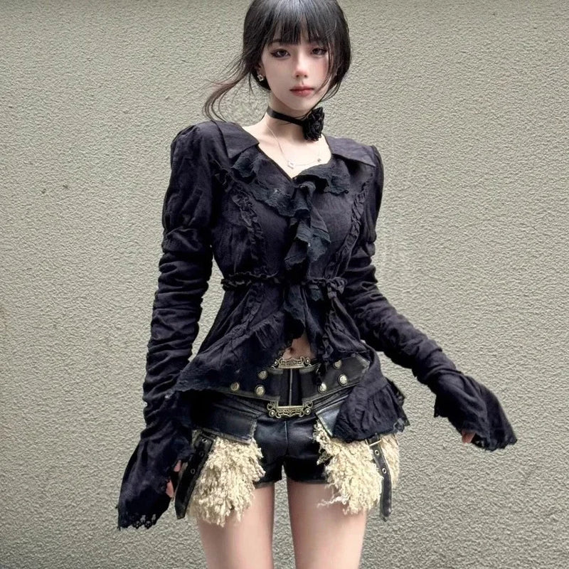 Vintage V-Neck Black Shirts Women Spring Autumn New Slim Waist Ruffles Blouses Y2K Grunge Long Sleeve Blusas Mujer
