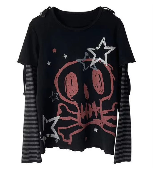 Grunge Y2K Aesthetic T-Shirt Emo Scene Skull Dark Graphic Long Sleeve T Shirt Women Punk Cartoon Harajuku Tee Kawaii Top