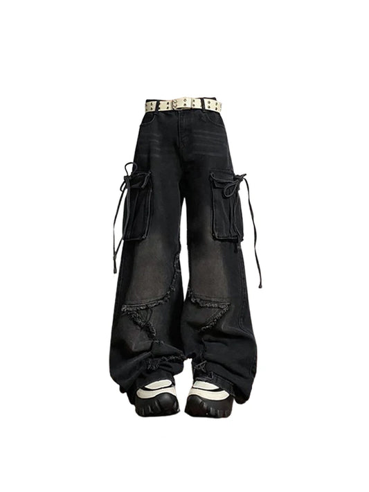 Women'S Black Gothic Baggy Cargo Jeans with Star Harajuku Y2K 90S Aesthetic Denim Trousers Emo 2000S Jean Pants Vintage Clothes