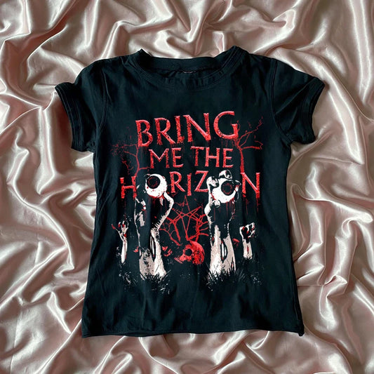 Vintage Grunge Casual Y2K Letter Gothic Dark Aesthetic Streetwear Short Sleeve T Shirts Back to 2000S Style Women Summer Tops