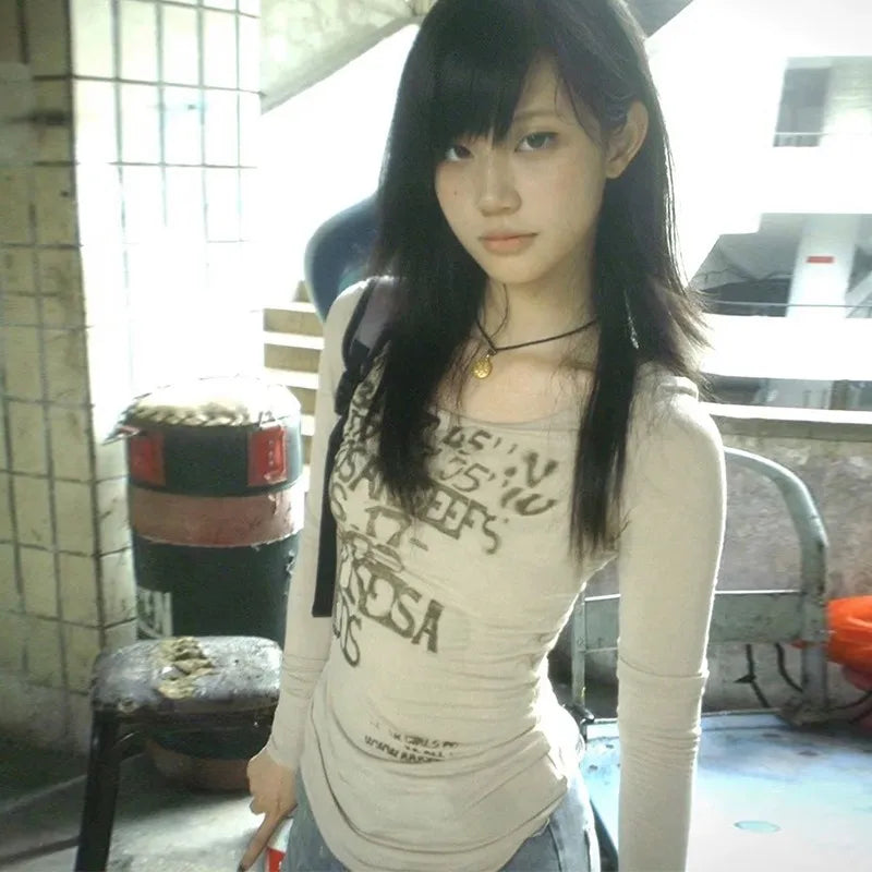 Y2K Vintage T Shirt Women Print Letter Tee Tops Skinny 2000S Japanese Autumn Streetwear Grunge Tops Fairycore Tshirts