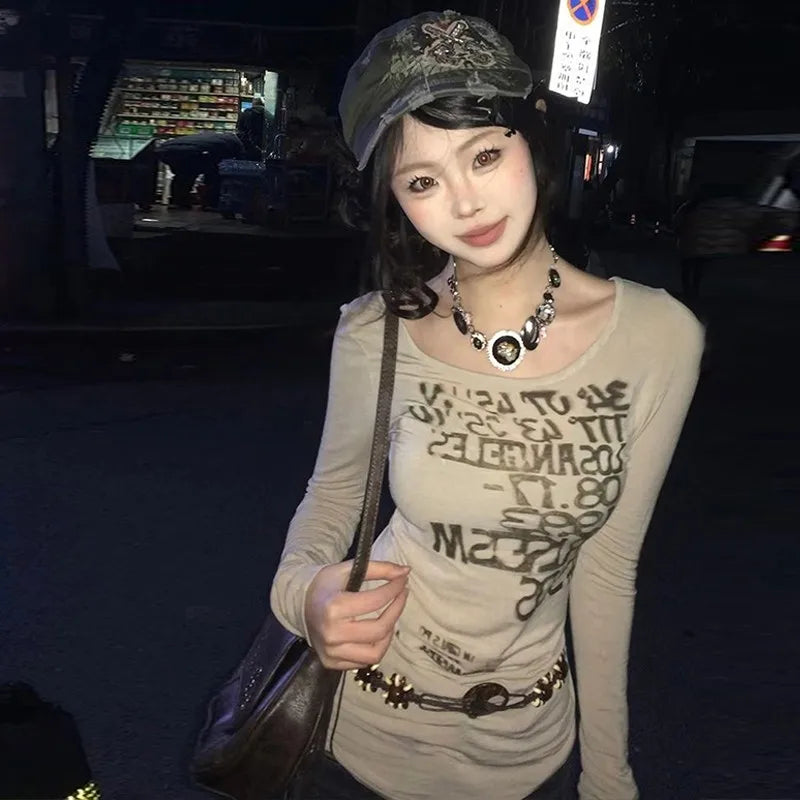 Y2K Vintage T Shirt Women Print Letter Tee Tops Skinny 2000S Japanese Autumn Streetwear Grunge Tops Fairycore Tshirts