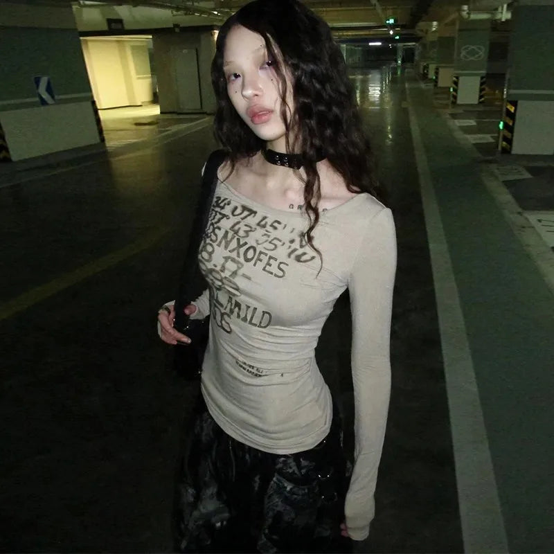 Y2K Vintage T Shirt Women Print Letter Tee Tops Skinny 2000S Japanese Autumn Streetwear Grunge Tops Fairycore Tshirts