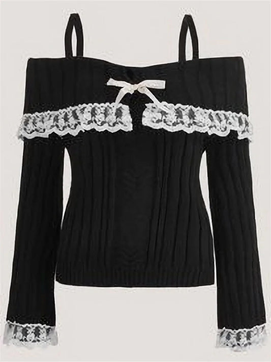 Grunge Women off Shoulder Knit Sweater Pink Pullover Sweet Pullovers Long Sleeve Bow Lace Patchwork Jumpers Y2K Streetwear