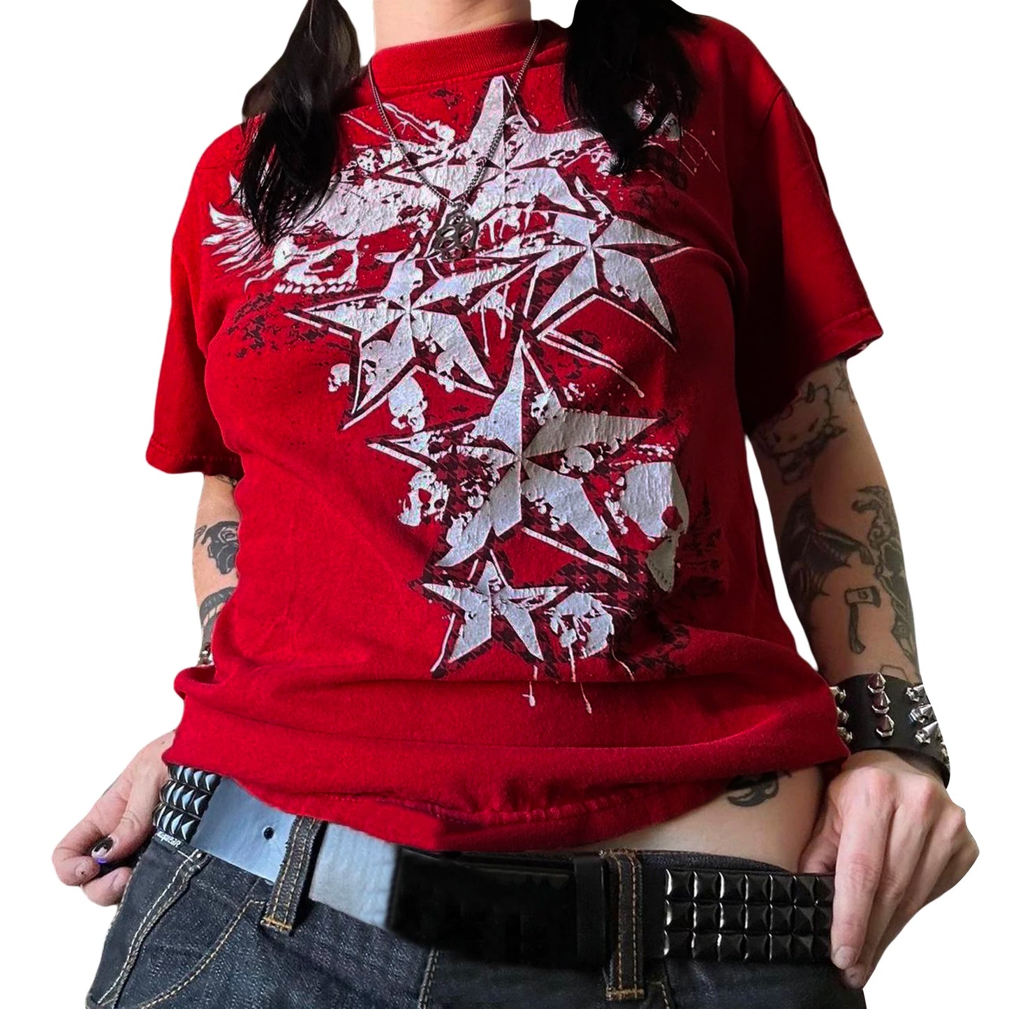 Women 90S Vintage Mall Goth T-Shirt Y2K Cyber Grunge Skull Emo Star Print Tees Harajuku Vintage Short Sleeve O Neck Crop Tops