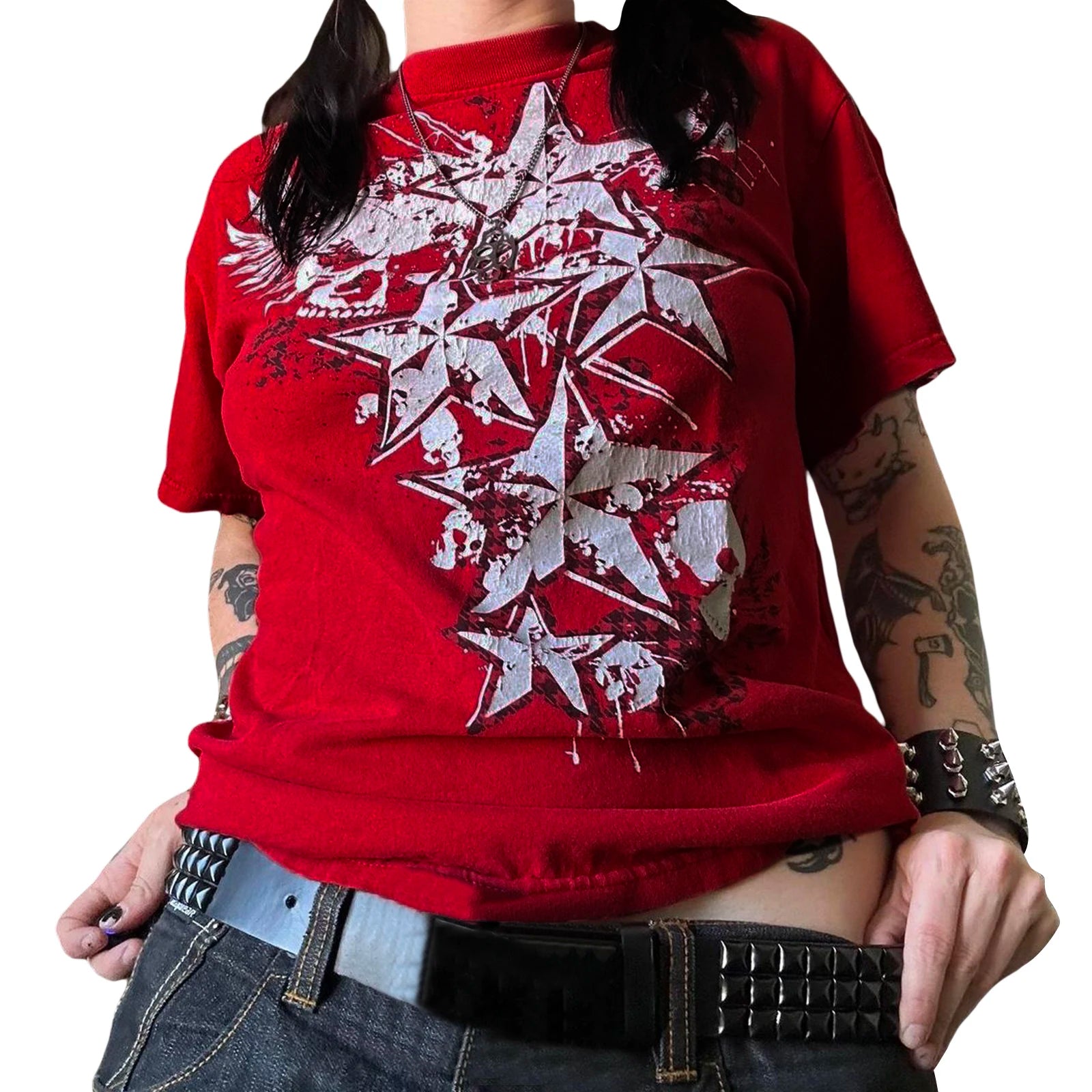 Women 90S Vintage Mall Goth T-Shirt Y2K Cyber Grunge Skull Emo Star Print Tees Harajuku Vintage Short Sleeve O Neck Crop Tops