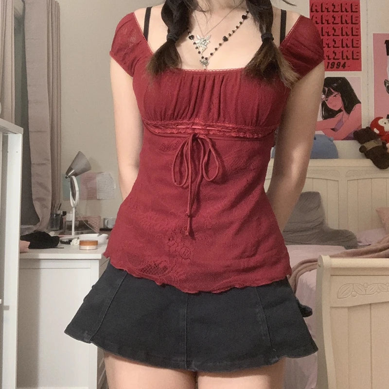 Summer Square Collar Short Sleeve Pullovers Crop Top Y2K Grunge Retro Clothes 2025 New
