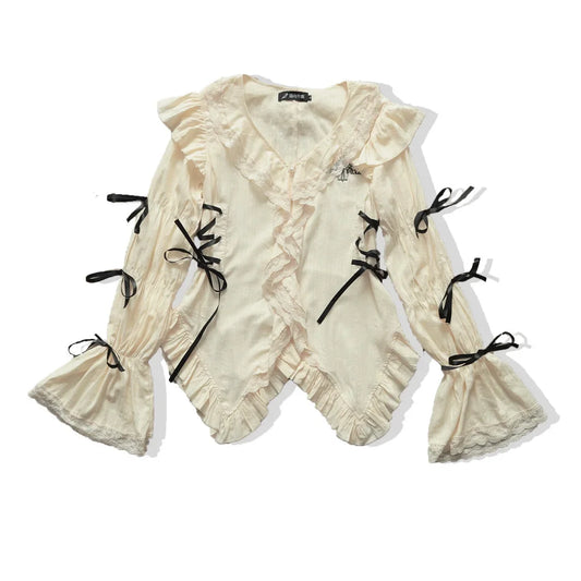 Y2K Aesthetics Lace Shirt Grunge Gothic Irregular Blouses Fairy Harajuku Bandage Vintage Lolita Clothes Mall Goth