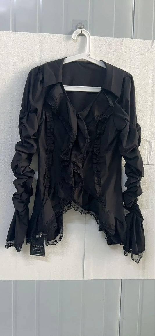 Vintage V-Neck Black Shirts Women Spring Autumn New Slim Waist Ruffles Blouses Y2K Grunge Long Sleeve Blusas Mujer