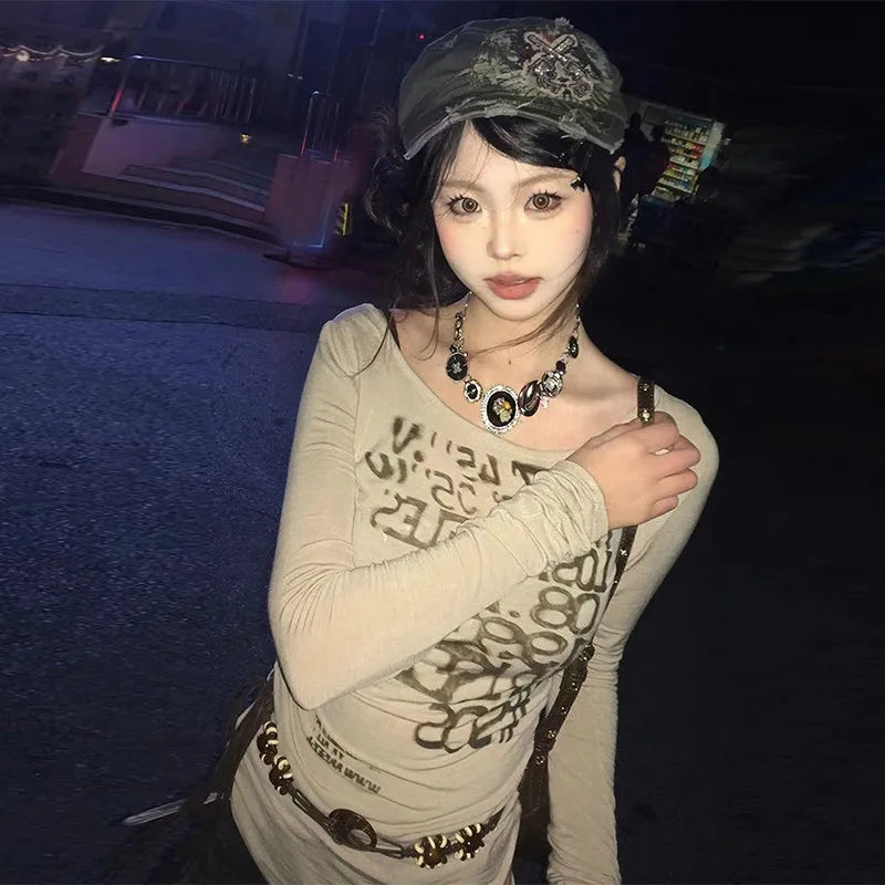 Y2K Vintage T Shirt Women Print Letter Tee Tops Skinny 2000S Japanese Autumn Streetwear Grunge Tops Fairycore Tshirts