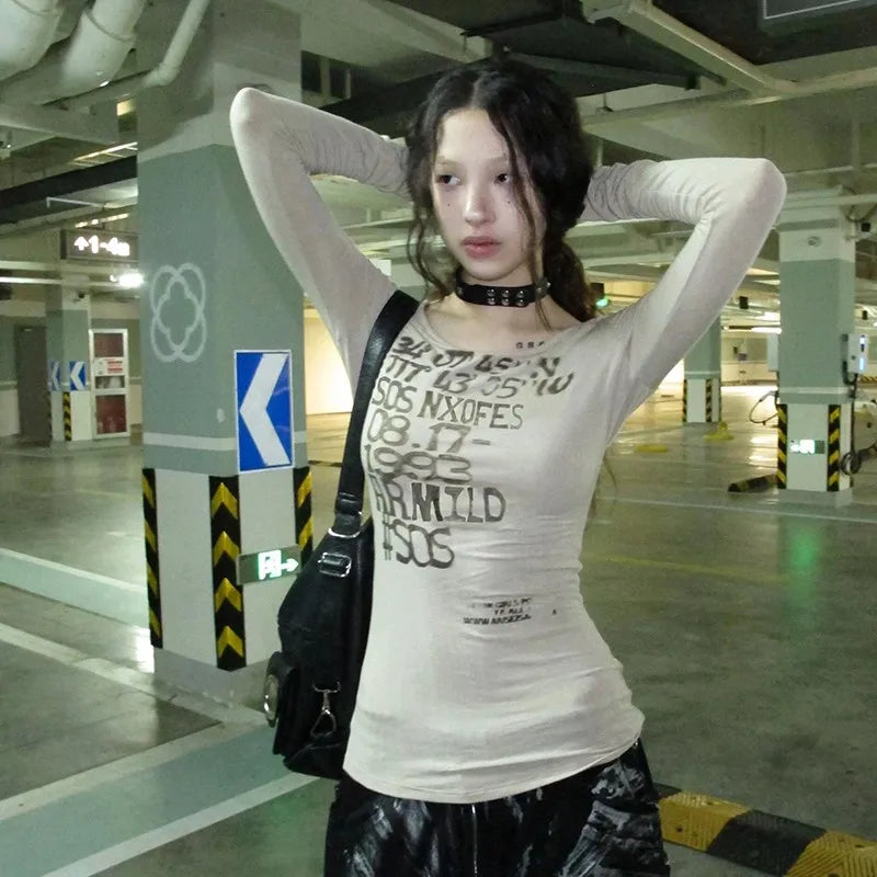 Y2K Vintage T Shirt Women Print Letter Tee Tops Skinny 2000S Japanese Autumn Streetwear Grunge Tops Fairycore Tshirts