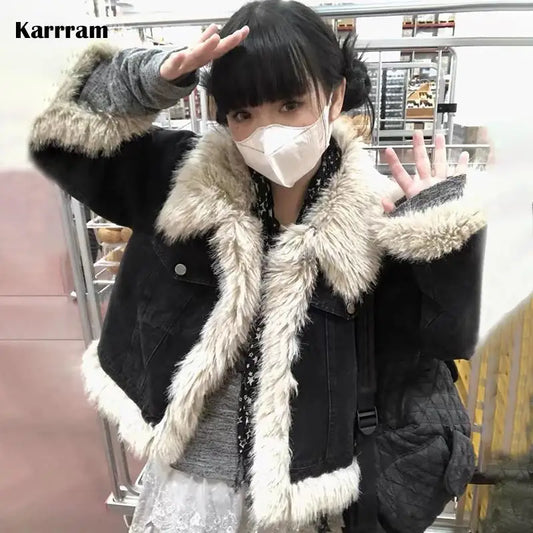 Y2K Aesthetics Black Denim Coat Grunge Fairycore Jeans Fur Jacket 2000S Harajuku Winter Coat Patchwork Vintage Korean