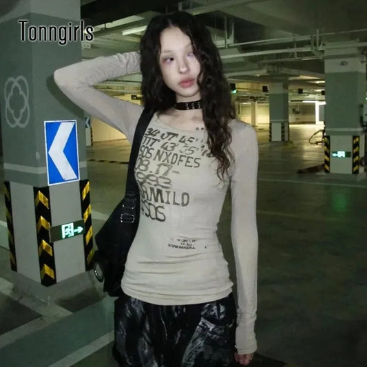 Y2K Vintage T Shirt Women Print Letter Tee Tops Skinny 2000S Japanese Autumn Streetwear Grunge Tops Fairycore Tshirts